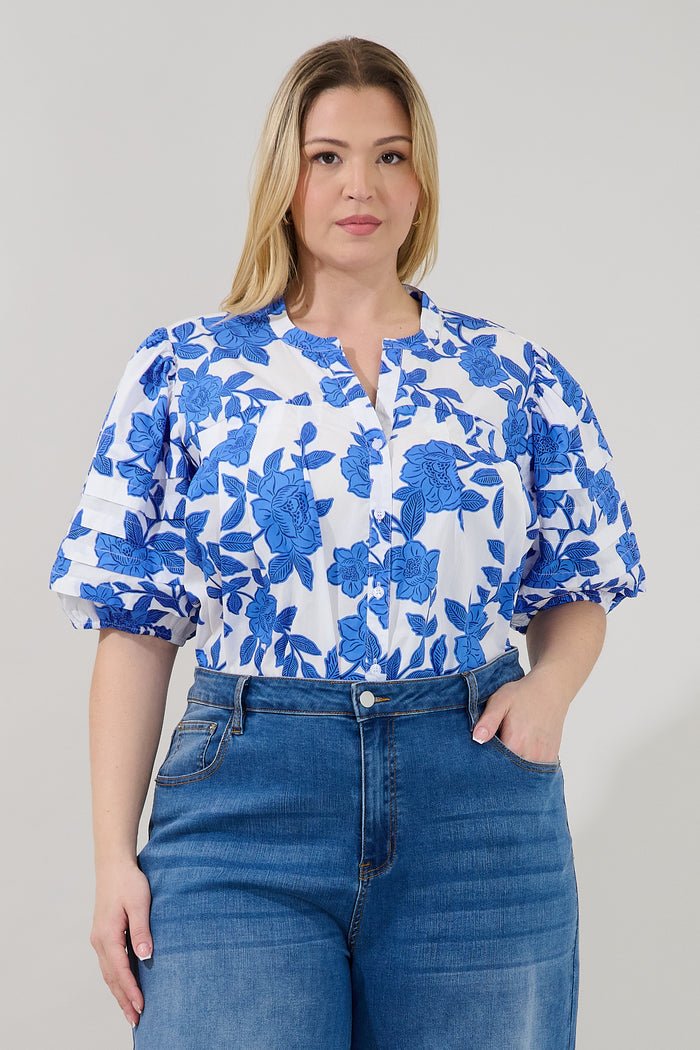 Court Button Down Top Glantis Floral Curve