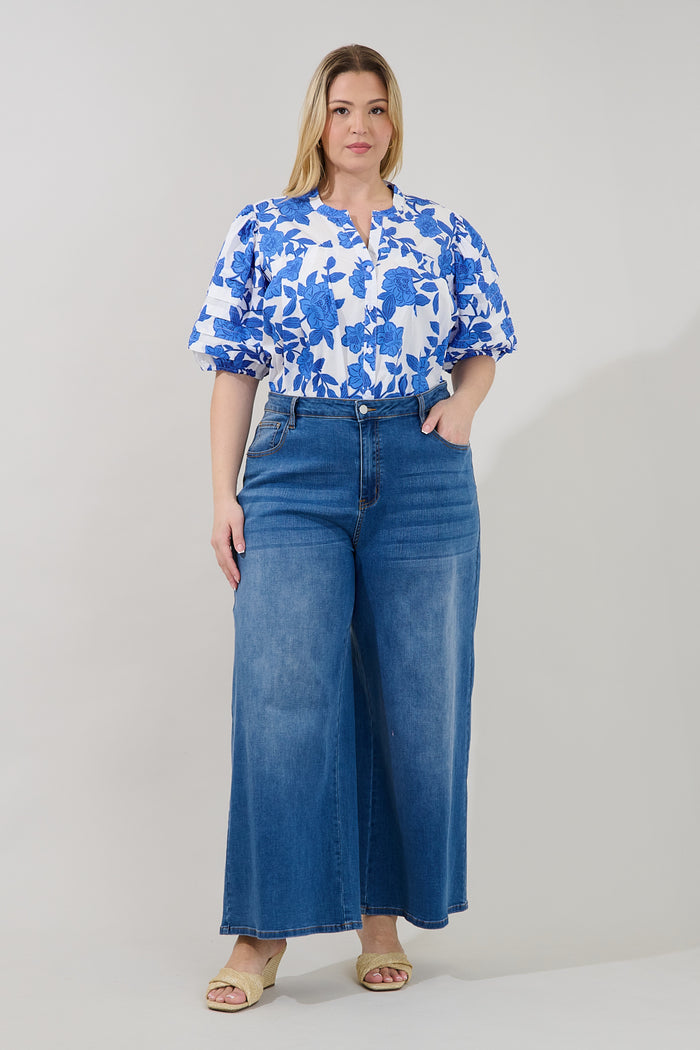 Court Button Down Top Glantis Floral Curve
