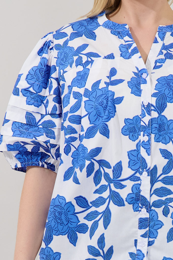 Court Button Down Top Glantis Floral Curve