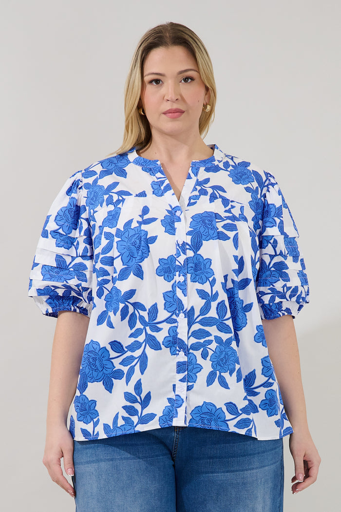 Court Button Down Top Glantis Floral Curve