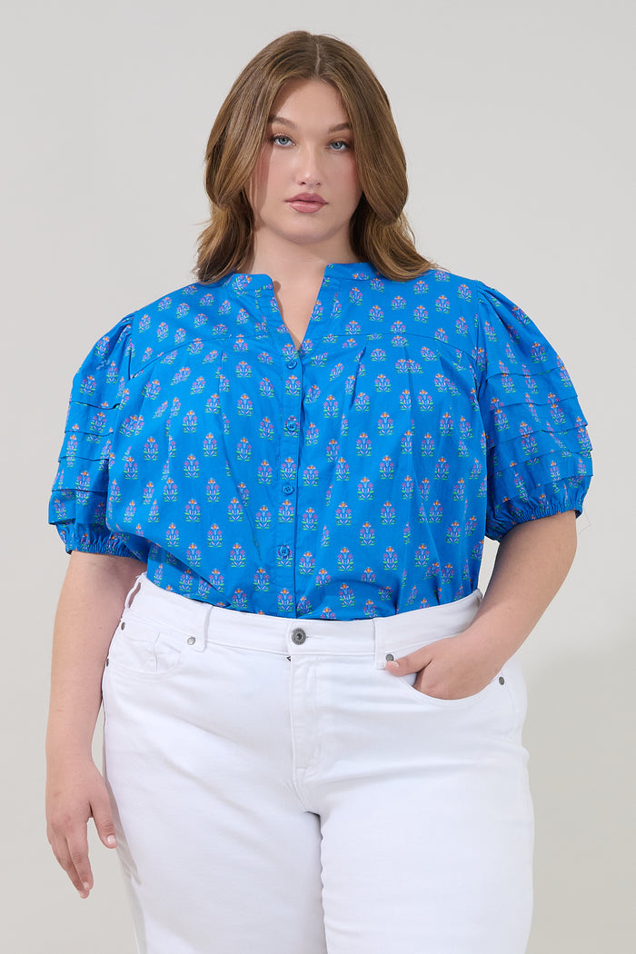 Court Button Down Top Raidy Floral Curve
