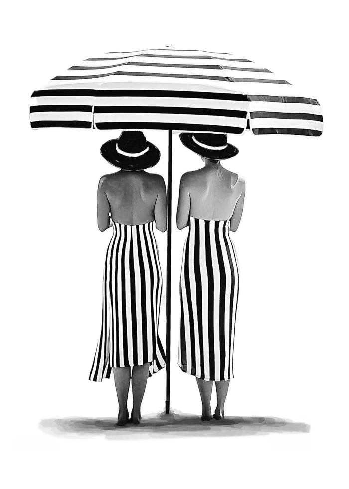 Black and white graphic of two women holding an umbrella