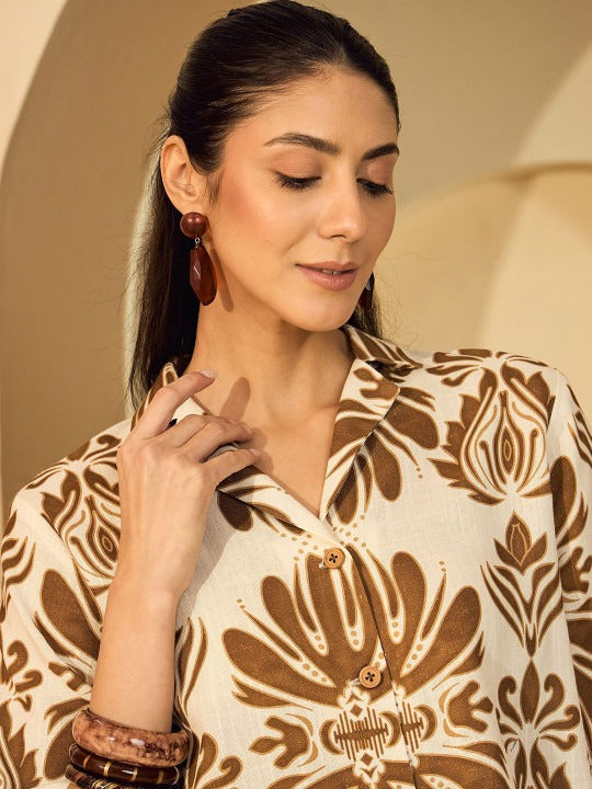 Cream & Brown Printed Shirt Trousers Co-ord Set for Women