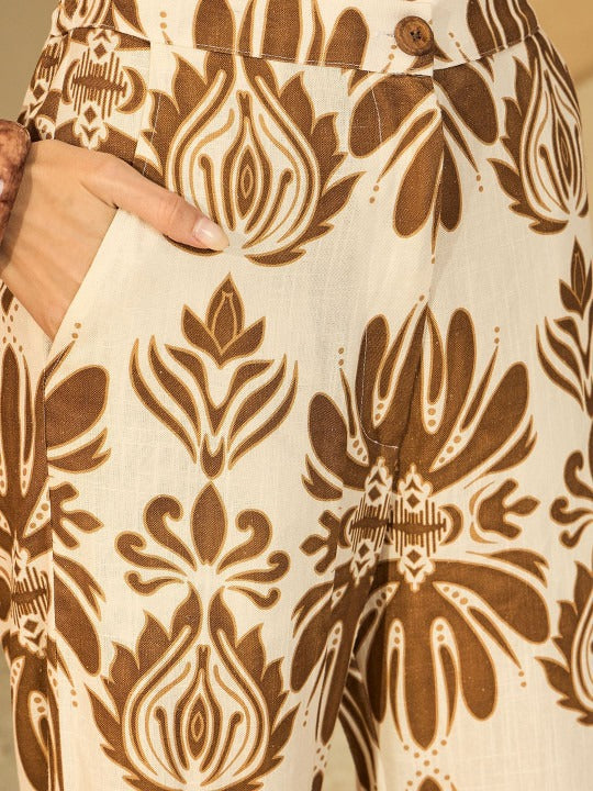 Cream & Brown Printed Shirt Trousers Co-ord Set for Women