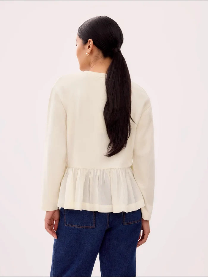 Cream Peplum-Hem Long-Sleeved Organic Cotton T-Shirt