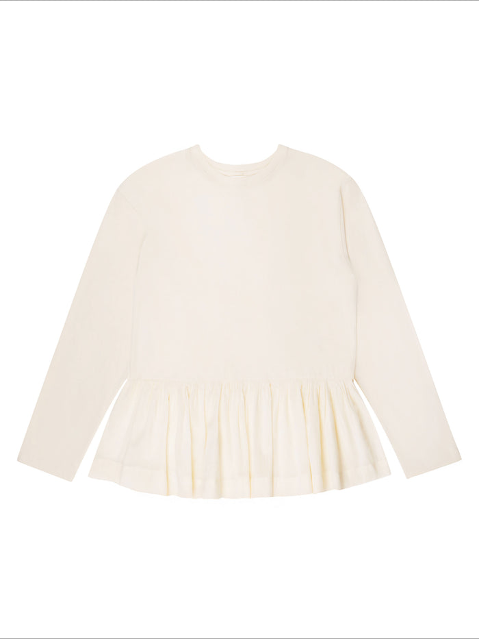 Cream Peplum-Hem Long-Sleeved Organic Cotton T-Shirt