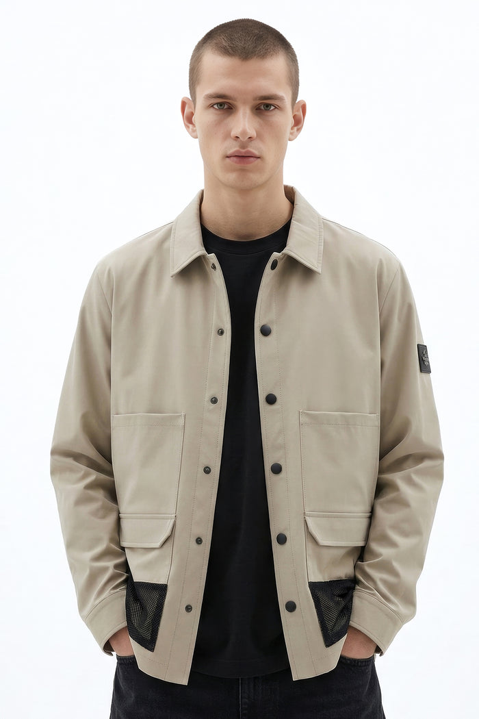 Crinkled Nylon Mesh Panel Utility Shacket