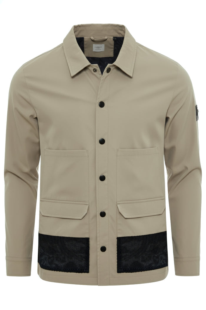 Crinkled Nylon Mesh Panel Utility Shacket