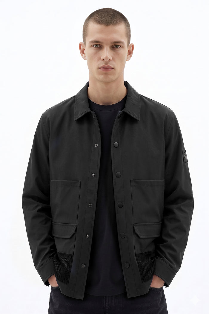 Crinkled Nylon Mesh Panel Utility Shacket