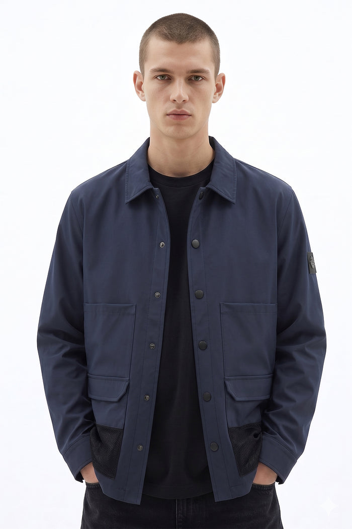 Crinkled Nylon Mesh Panel Utility Shacket