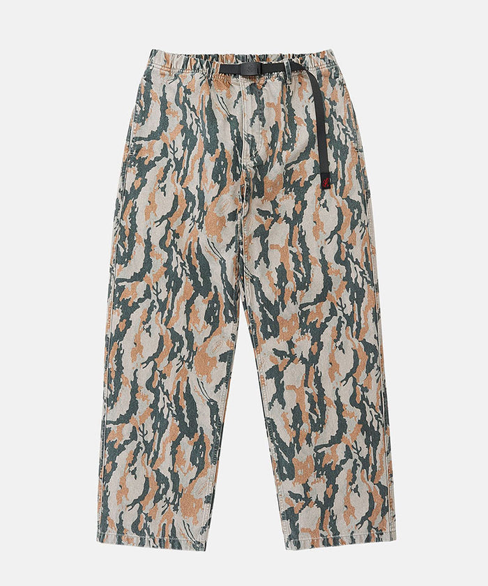 Bark camo Denim Gramicci Pant Straight Fit with a belt against a light-tone background.