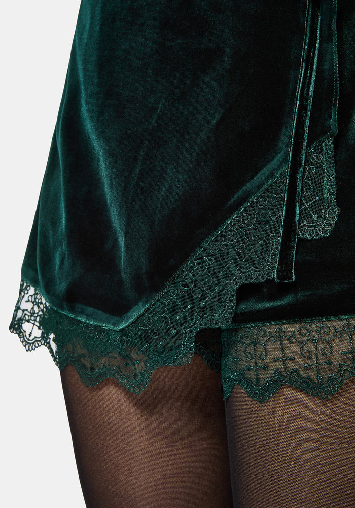 Deva Velour Lace Trim Tie Waist Skort - Dark Green