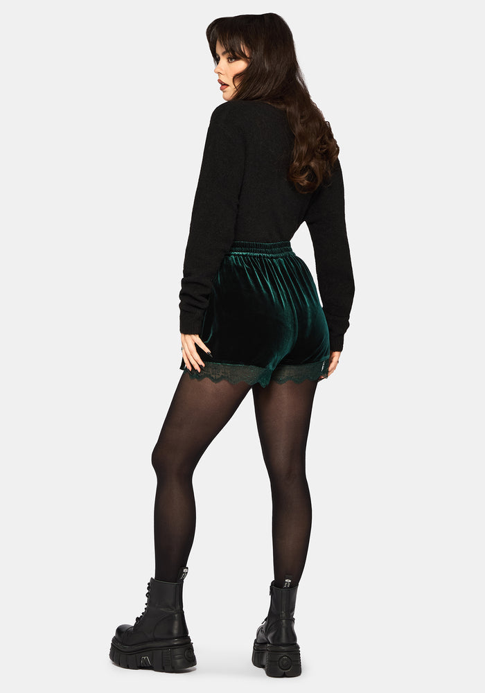 Deva Velour Lace Trim Tie Waist Skort - Dark Green