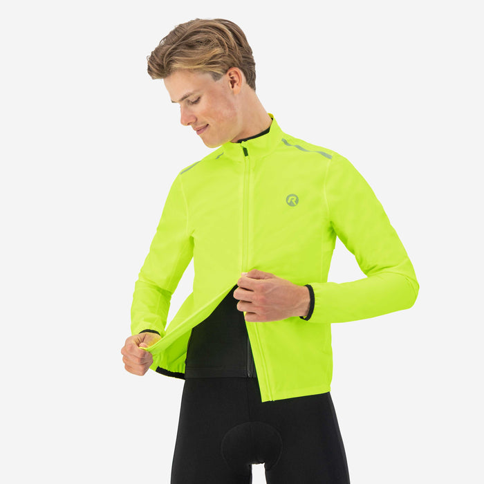 Detail rits van Rogelli Distance regenjack heren fluor voorkant.