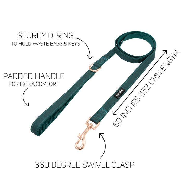 The Sassy Woof Dog Leash - Forest features a teal design with rose gold hardware, padded handle, sturdy D-ring for waste bags/keys, 60-inch (152 cm) length, and a 360° swivel clasp. Text and arrows highlight each feature on a white background.