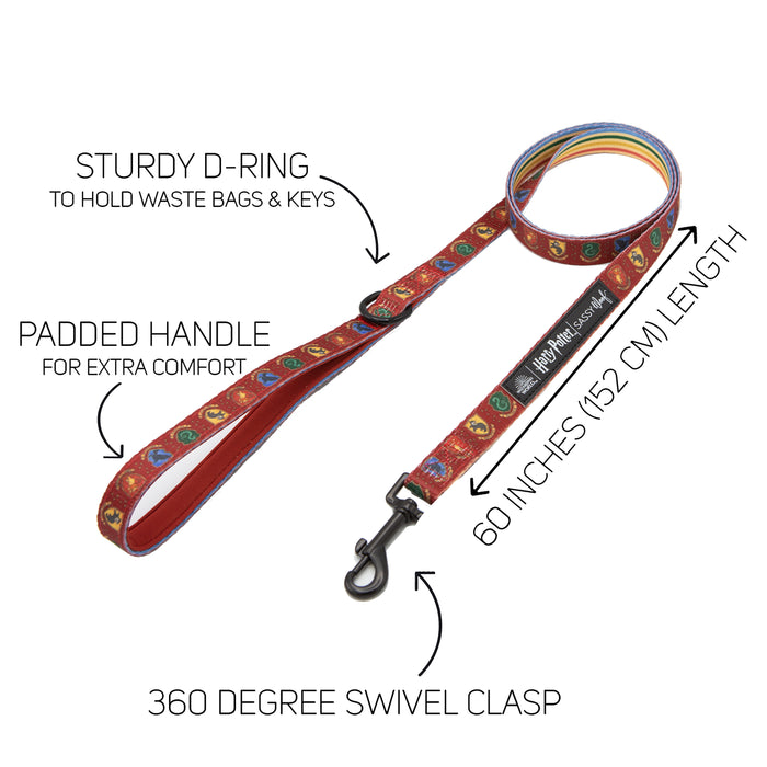 The Sassy Woof Dog Leash - Harry Potter™ features vibrant red Harry Potter designs, a sturdy D-ring for bags and keys, padded handle, 60-inch length, and a 360° swivel clasp—a magical accessory for any Harry Potter-loving pet owner.