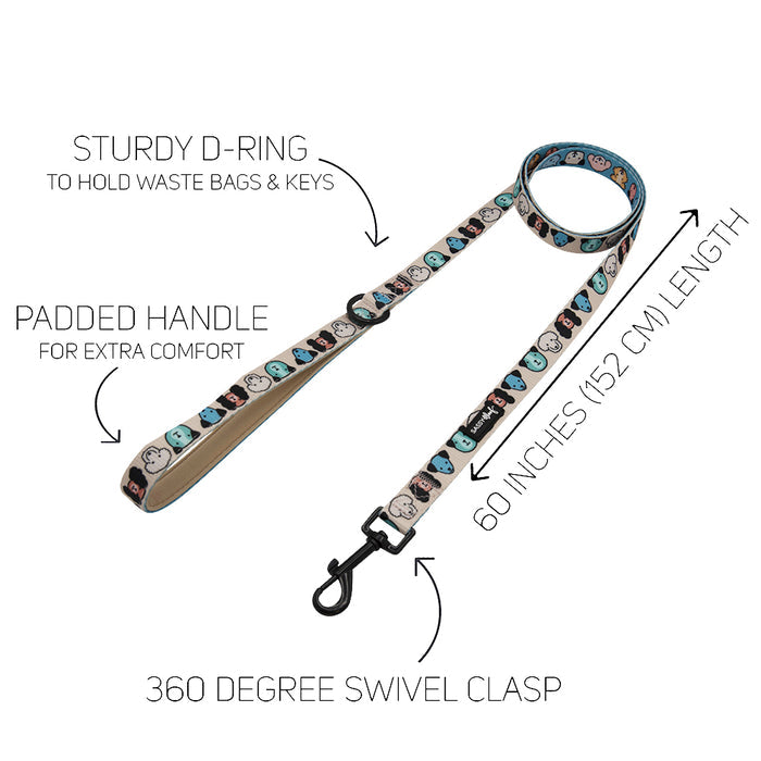 The Sassy Woof ‘Dog Leash - Mixed With Love’ has a fun cartoon pattern, comfy neoprene handle, sturdy D-ring for bags or keys, and a 360° swivel clasp. It’s 60 inches (152 cm) long.