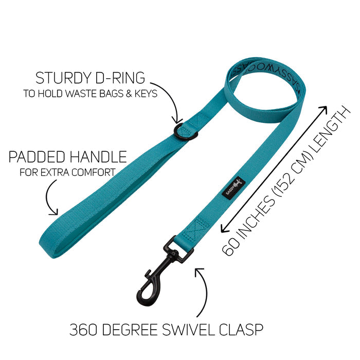 The Sassy Woof Dog Leash in Neon Blue has a sturdy D-ring for waste bags or keys, a soft neoprene handle, a 60-inch (152 cm) length, and a 360-degree swivel clasp for comfort and convenience.