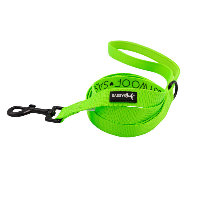 The Sassy Woof Dog Leash - Neon Green features a padded handle, sturdy black metal clasp, and a branded black tag—making it a vibrant, comfortable, and eye-catching accessory for your dog.