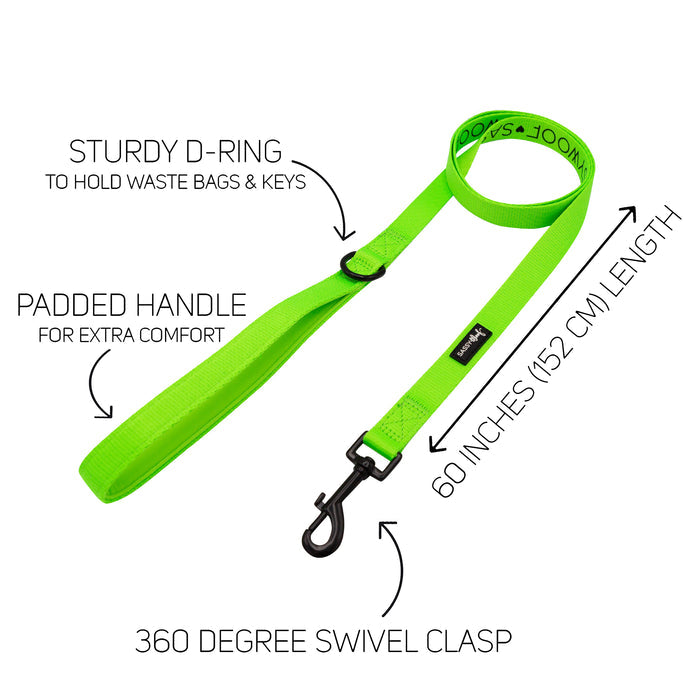 The Sassy Woof Dog Leash - Neon Green is 60" (152 cm) long with a padded handle, sturdy D-ring for bags or keys, and a 360° swivel clasp—ideal for those who love colorful dog accessories.