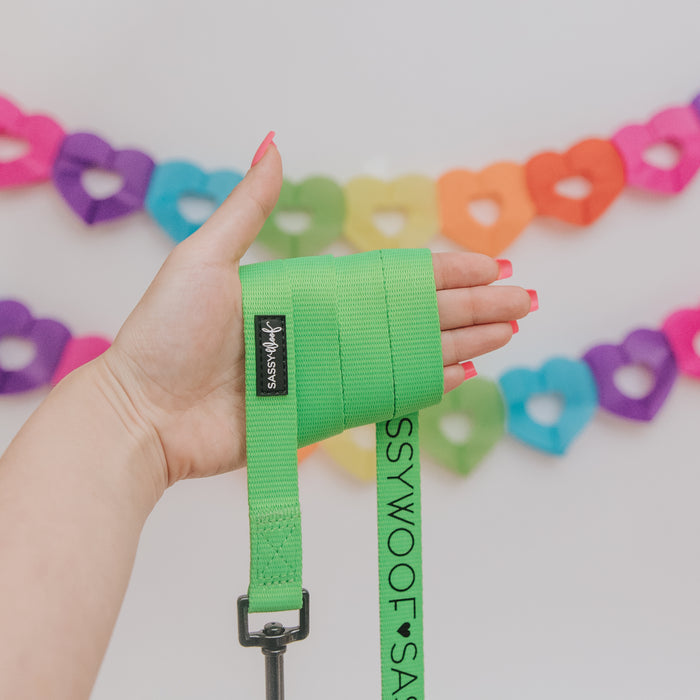 A hand with pink nail polish holds the Sassy Woof Dog Leash in Neon Green. Colorful paper heart garlands hang on a white wall in the background, creating a playful scene for this vibrant dog accessory.