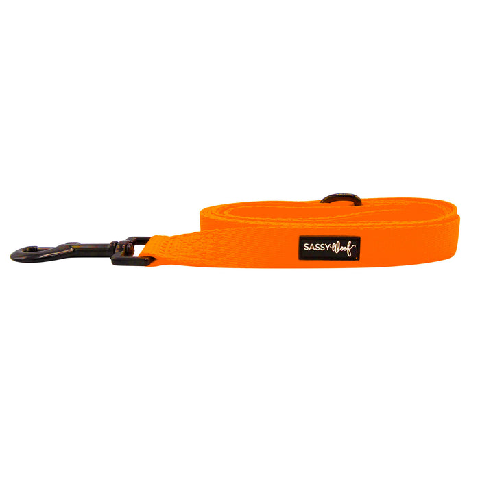 The Sassy Woof Dog Leash - Neon Orange features a black metal clasp and a black and white Sassy Woof logo tag, perfect for anyone who loves vibrant dog accessories.