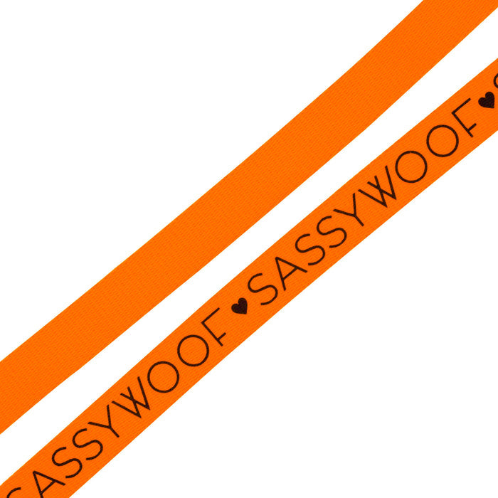 Two neon orange straps are displayed diagonally. One is plain, while the other features "Sassy Woof" with small black heart symbols—ideal for those seeking vibrant dog accessories. Product: Dog Leash - Neon Orange by Sassy Woof.