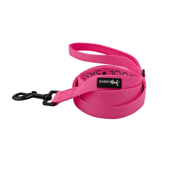 The Sassy Woof Dog Leash - Neon Pink features bright pink neoprene, a black metal clasp, handle loop, and black Sassy Woof label—coiled neatly on a white background, it’s a bold pick for neon dog accessory lovers.