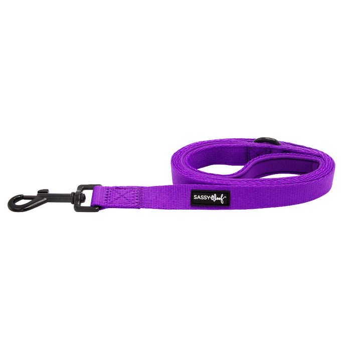 The Sassy Woof Dog Leash - Neon Purple is shown rolled up with a padded handle, black metal clip, and Sassy Woof label against a white background.