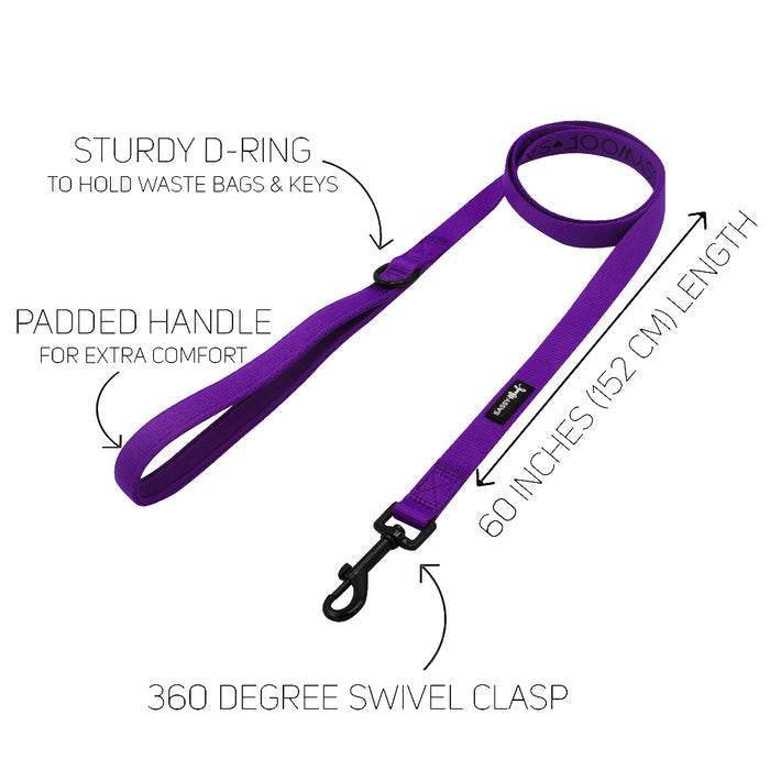 The Sassy Woof Dog Leash - Neon Purple has a padded handle, sturdy D-ring, 60-inch (152 cm) length, and 360-degree swivel clasp. Arrows on the label highlight each feature.