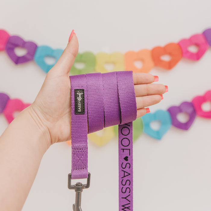 A hand with pink nail polish holds the Sassy Woof Dog Leash in Neon Purple. In the background, a vibrant paper heart garland decorates the white wall.