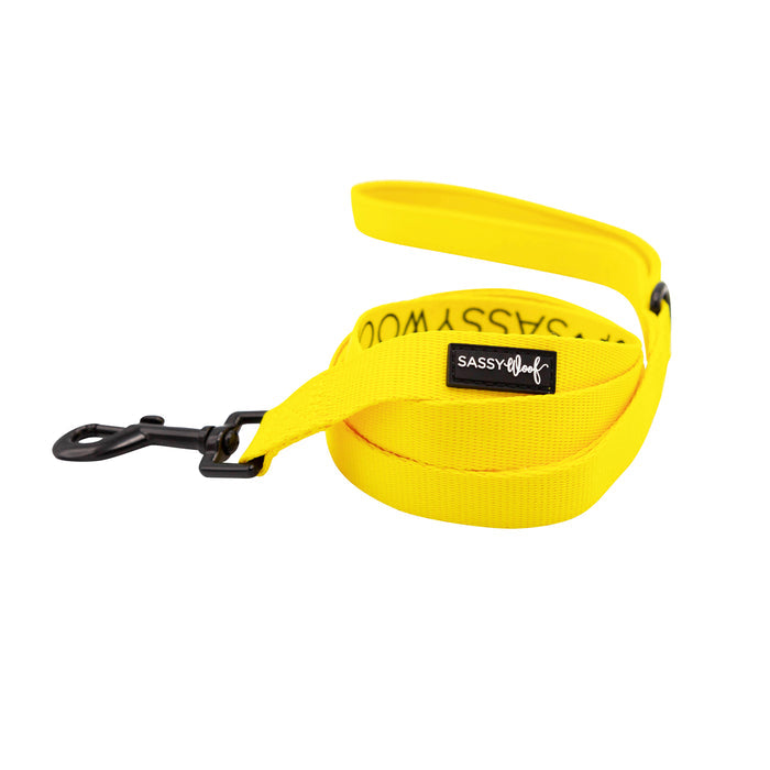 The Sassy Woof Dog Leash - Neon Yellow features a black clip, padded handle, and a stylish Sassy Woof label near the handle for added flair.