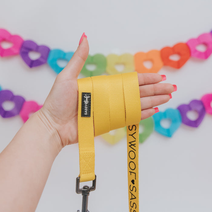 A hand with pink-painted nails holds the Sassy Woof Dog Leash - Neon Yellow. Colorful paper heart garlands decorate the white wall in the background.