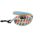 The Sassy Woof Dog Leash - One Hot Pupperoni is a blue neoprene leash with pizza slice patterns, a black metal clasp, and a Sassy Woof label. Pair it with the matching harness set for the ultimate stylish walk.