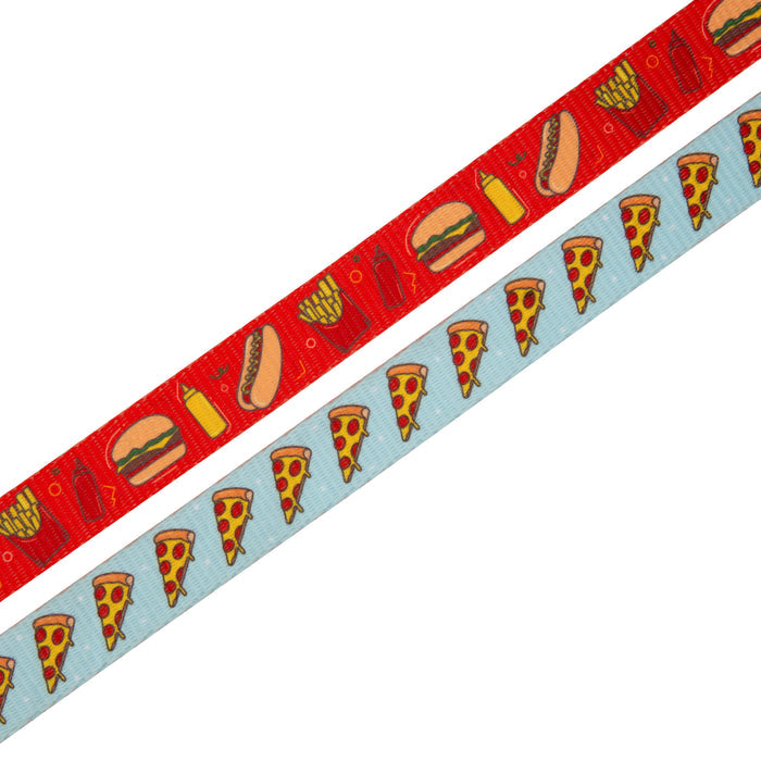 Sassy Woof's Dog Leash - One Hot Pupperoni features a vibrant red ribbon with burgers, fries, and ketchup bottles plus a light blue ribbon with pizza slices, both shown diagonally on white—perfect for fun walks with your pup.