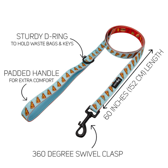 The Sassy Woof Dog Leash - One Hot Pupperoni features a blue pizza slice pattern, soft neoprene handle, sturdy D-ring for waste bags or keys, and a 360° swivel clasp. Pair with the matching harness set for the complete look!.