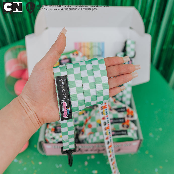 A hand holds a Sassy Woof Dog Leash - The Powerpuff Girls™ (Green) featuring a padded handle. In the background, a box of matching leashes sits on a green table with coordinating decor.