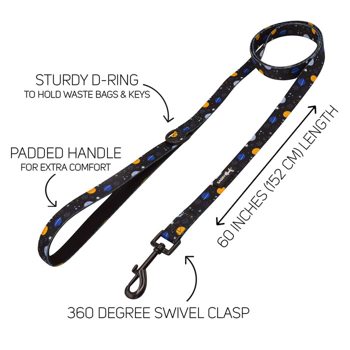 The Sassy Woof "To the Stars and Beyond" dog leash features a sturdy D-ring for bags or keys, padded handle, 60-inch (152 cm) length, and a 360-degree swivel clasp—perfect for supporting girls in STEM on every walk.
