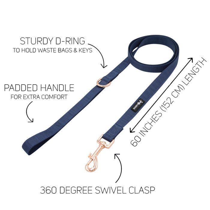The Sassy Woof Dog Leash - Twilight is a blue leash with rose gold hardware, padded handle, sturdy D-ring for waste bags or keys, 60-inch (152 cm) length, and a 360° swivel clasp.