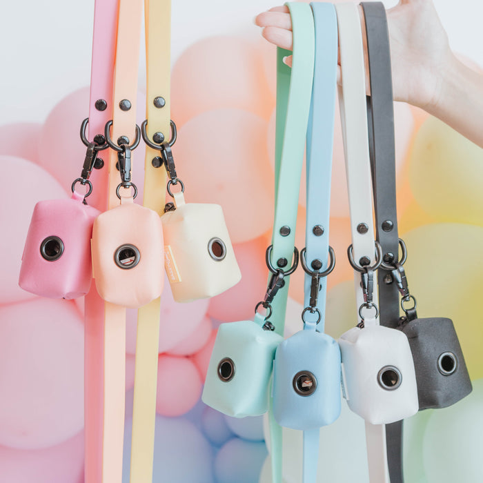 A hand holds the Sassy Woof Dog Waste Bag Holder - Adventure Orange with strap, shown against pastel balloons. Part of our adventure collection, also available in pink, yellow, mint green, blue, and black.