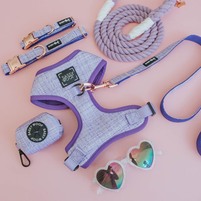 A set of matching lavender dog accessories, including a harness, collar, leash, rope toy, Sassy Woof Dog Waste Bag Holder - Aurora (neoprene), and heart-shaped sunglasses, arranged on a pink background.