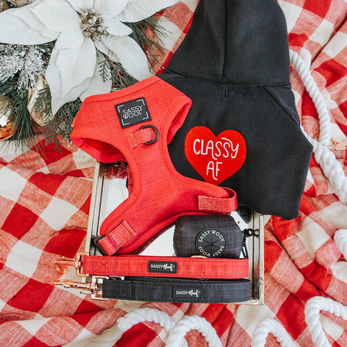 A red dog harness and leash, Sassy Woof’s Dog Waste Bag Holder - Baby Got Black, and a black hoodie with a red heart patch reading CLASSY AF sit on a red-and-white checkered cloth—stylish essentials for festive dog walks.