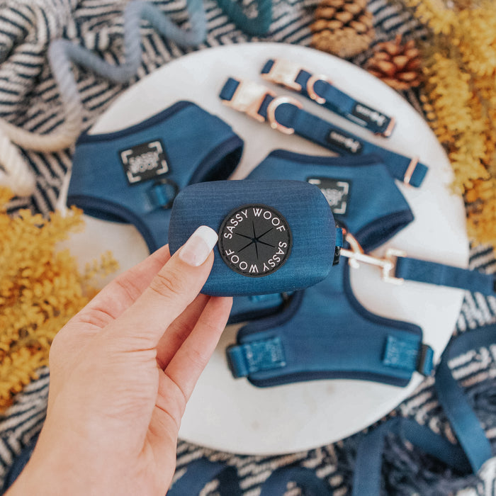 A hand holds the Sassy Woof Dog Waste Bag Holder - Twilight above a plate with matching harnesses and collars, set among yellow flowers and a blue patterned backdrop.