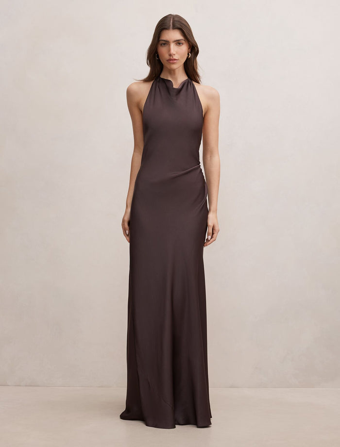 Drew Halter Back Tie Maxi Dress Warm Chocolate Forever New