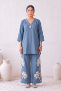 Dusty Blue Floral Cotton Flex Embroidered Co-Ord Set