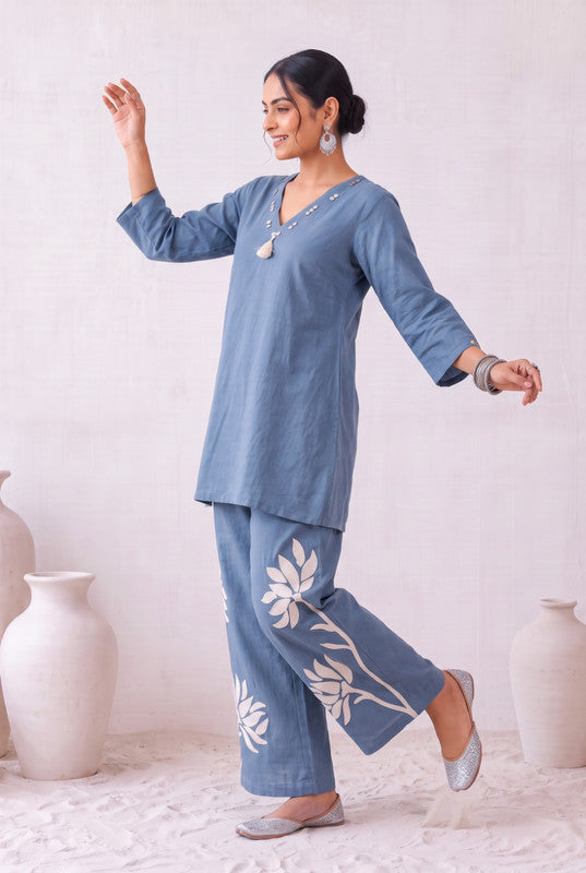 Dusty Blue Floral Cotton Flex Embroidered Co-Ord Set