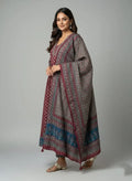 Elegant full-length patterned kurta featuring a detailed V-neckline, matching trousers, and a coordinating printed dupatta.