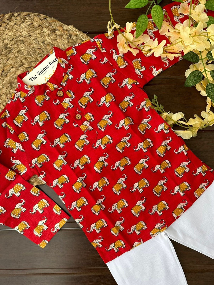 Elephant Story Kurta Set - Red