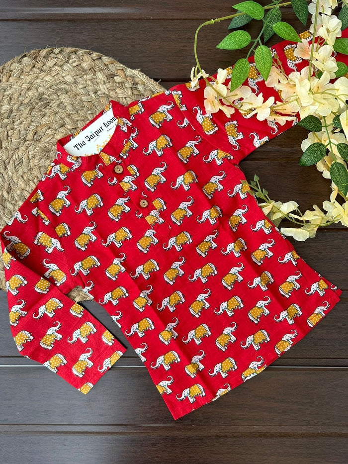 Elephant Story Kurta Set - Red