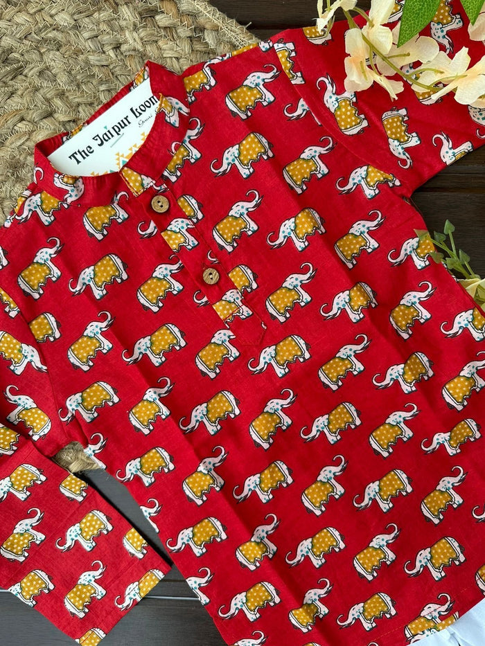 Elephant Story Kurta Set - Red